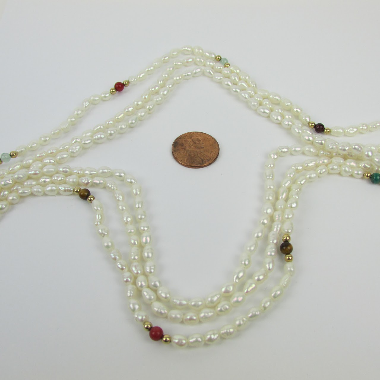 Seed Pearl, Opaque Stone & 14K Gold  Bead Strand Trio
