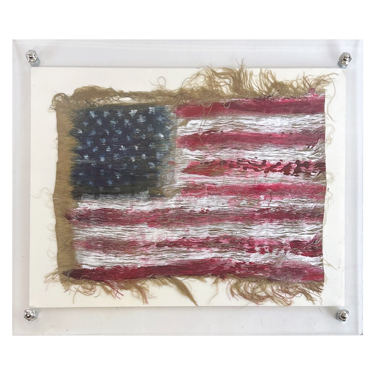 American Flag Signed Oil and Textile Painting