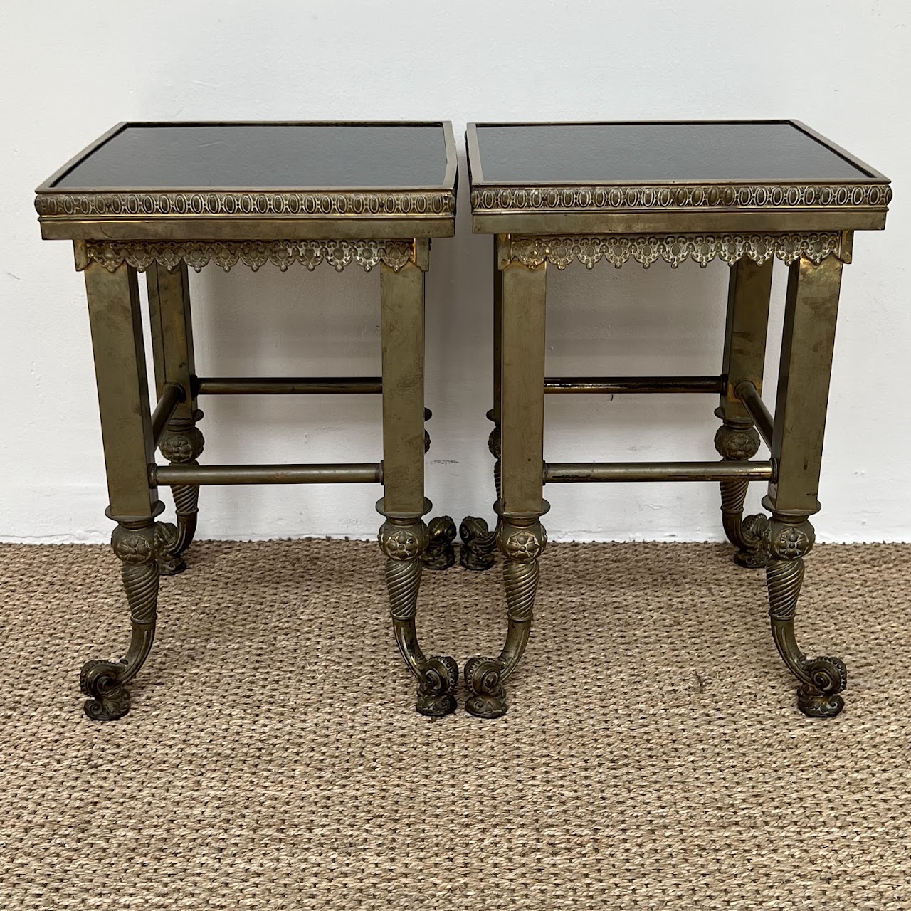 19th C. Waterman & Sons Brass and Black Glass End Table Pair