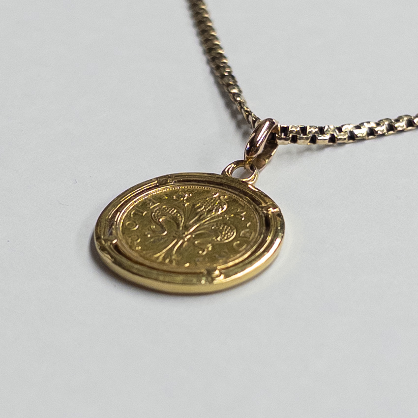 18K Gold Ponte Vecchio Coin Pendant on 14K Gold Chain