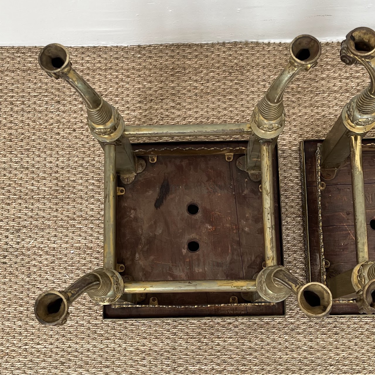 19th C. Waterman & Sons Brass and Black Glass End Table Pair