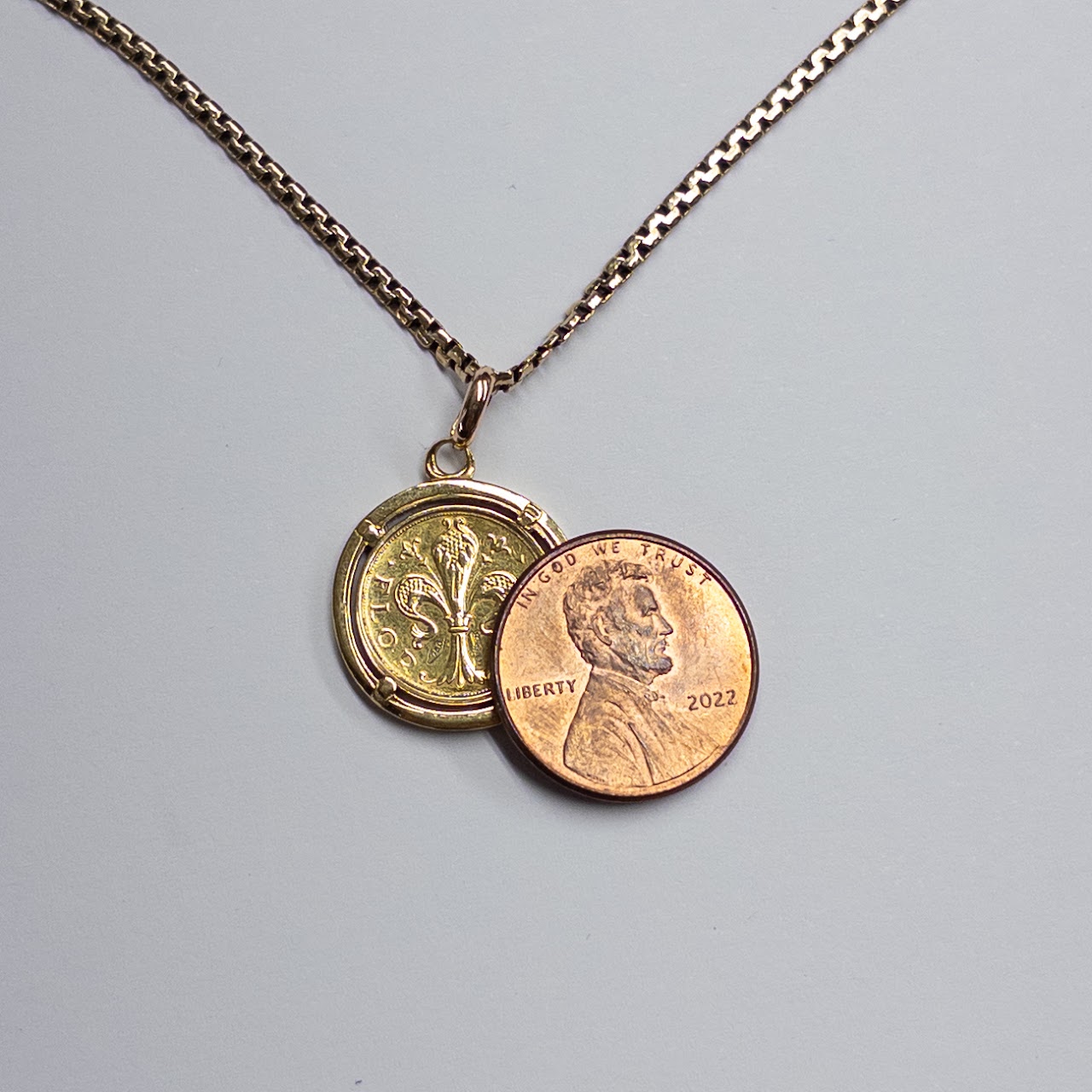 18K Gold Ponte Vecchio Coin Pendant on 14K Gold Chain