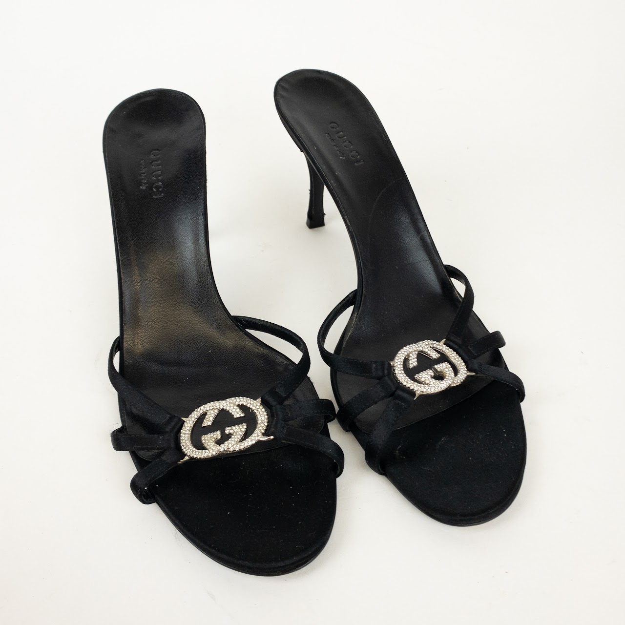 Gucci GG Monogram Silk Satin Crystal Slides