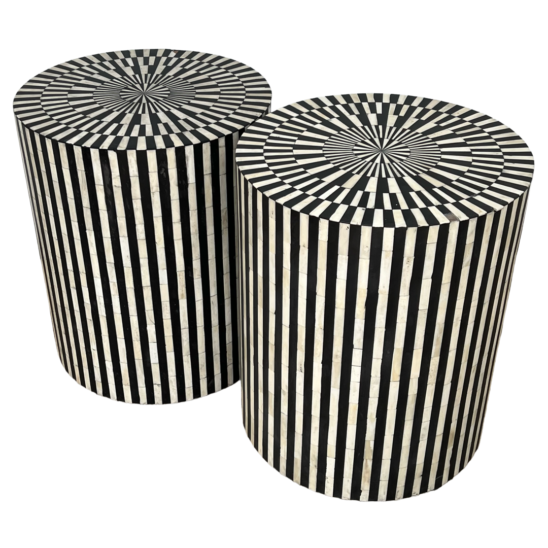 Bone and Ebony Inlaid Drum Side Table Pair