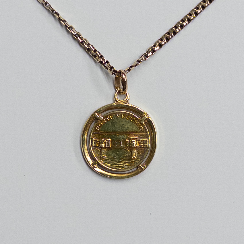 18K Gold Ponte Vecchio Coin Pendant on 14K Gold Chain