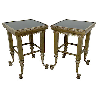 19th C. Waterman & Sons Brass and Black Glass End Table Pair