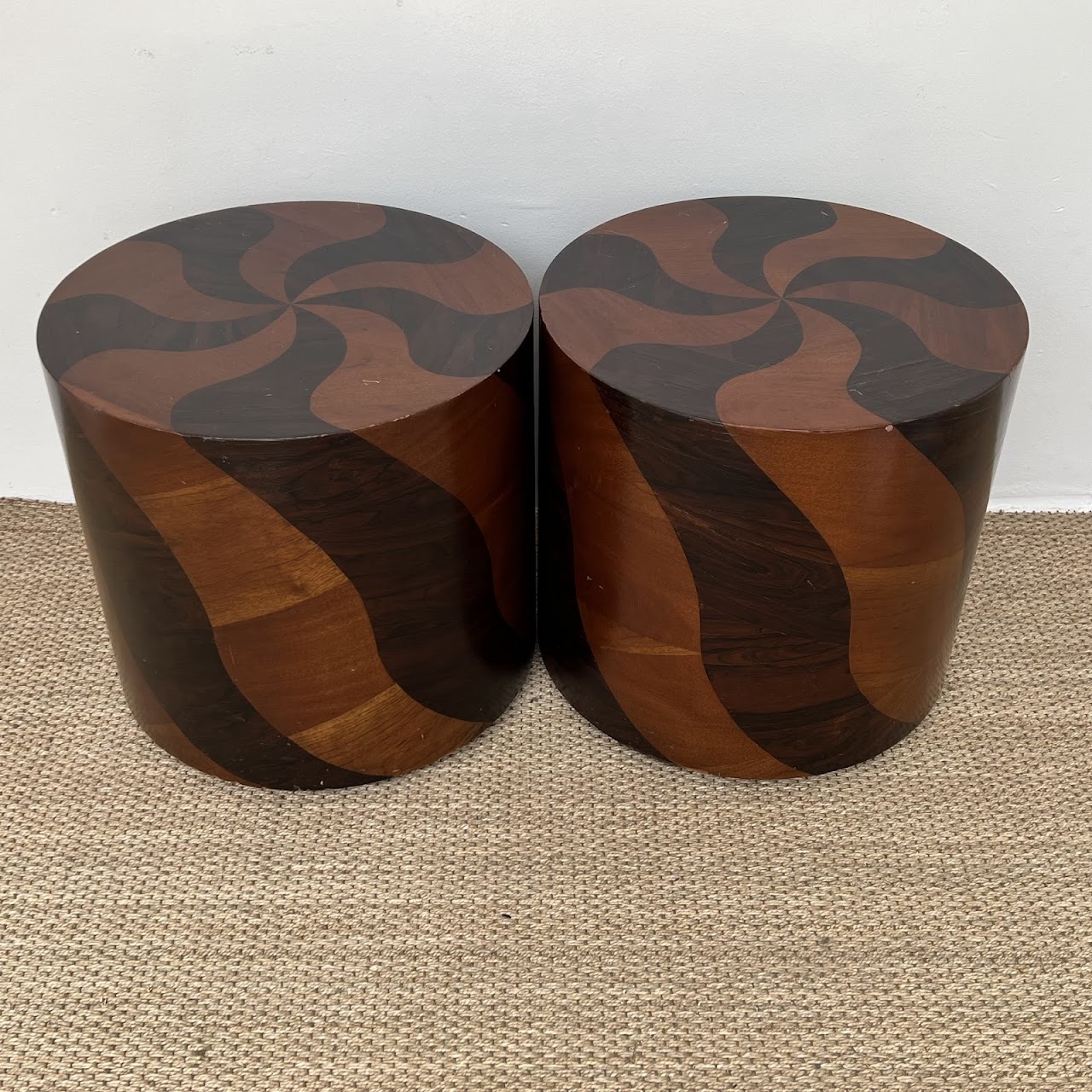 Rosewood and Teak Pinwheel Mid-Century Modern Drum Side Table Pair