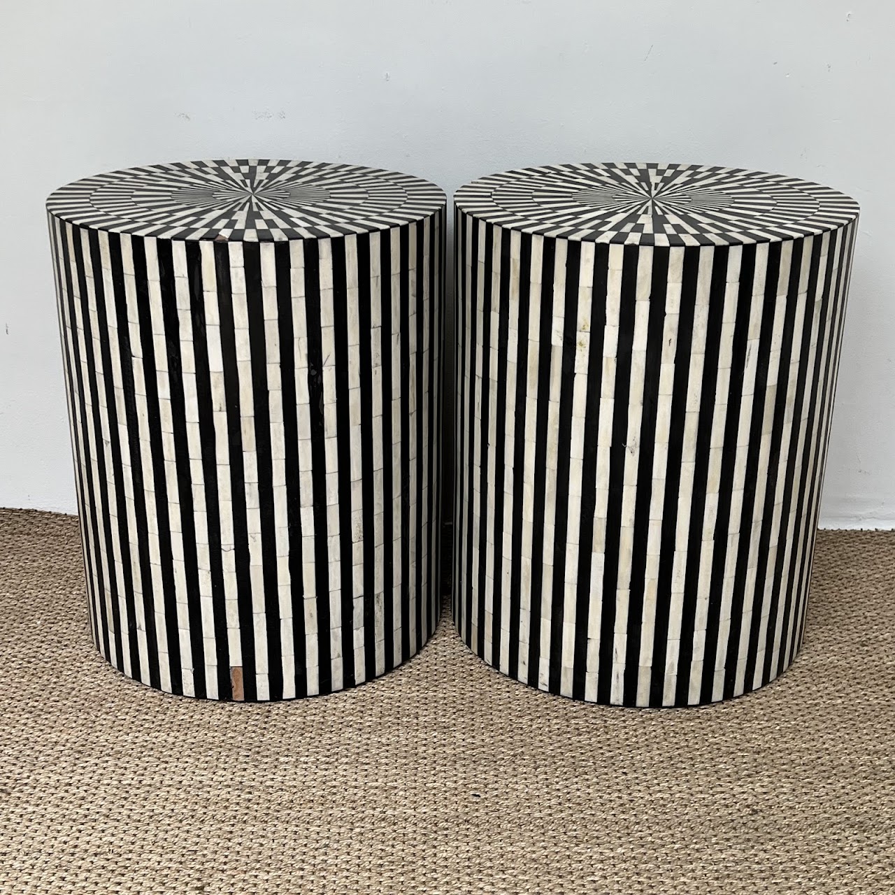 Bone and Ebony Inlaid Drum Side Table Pair