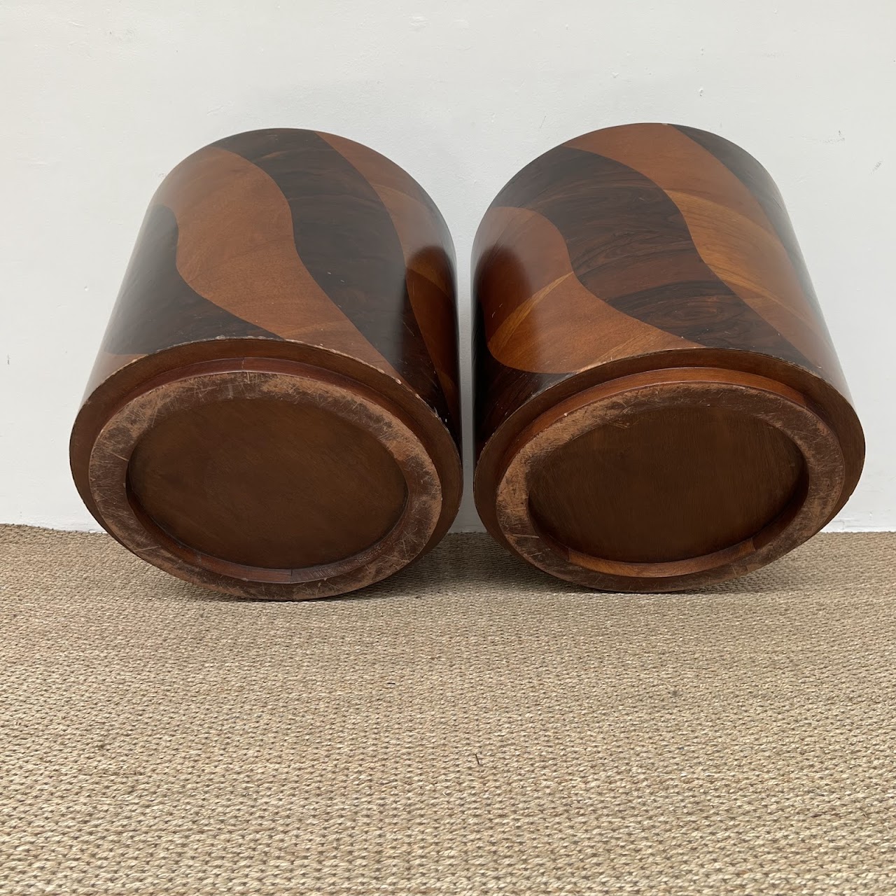 Rosewood and Teak Pinwheel Mid-Century Modern Drum Side Table Pair