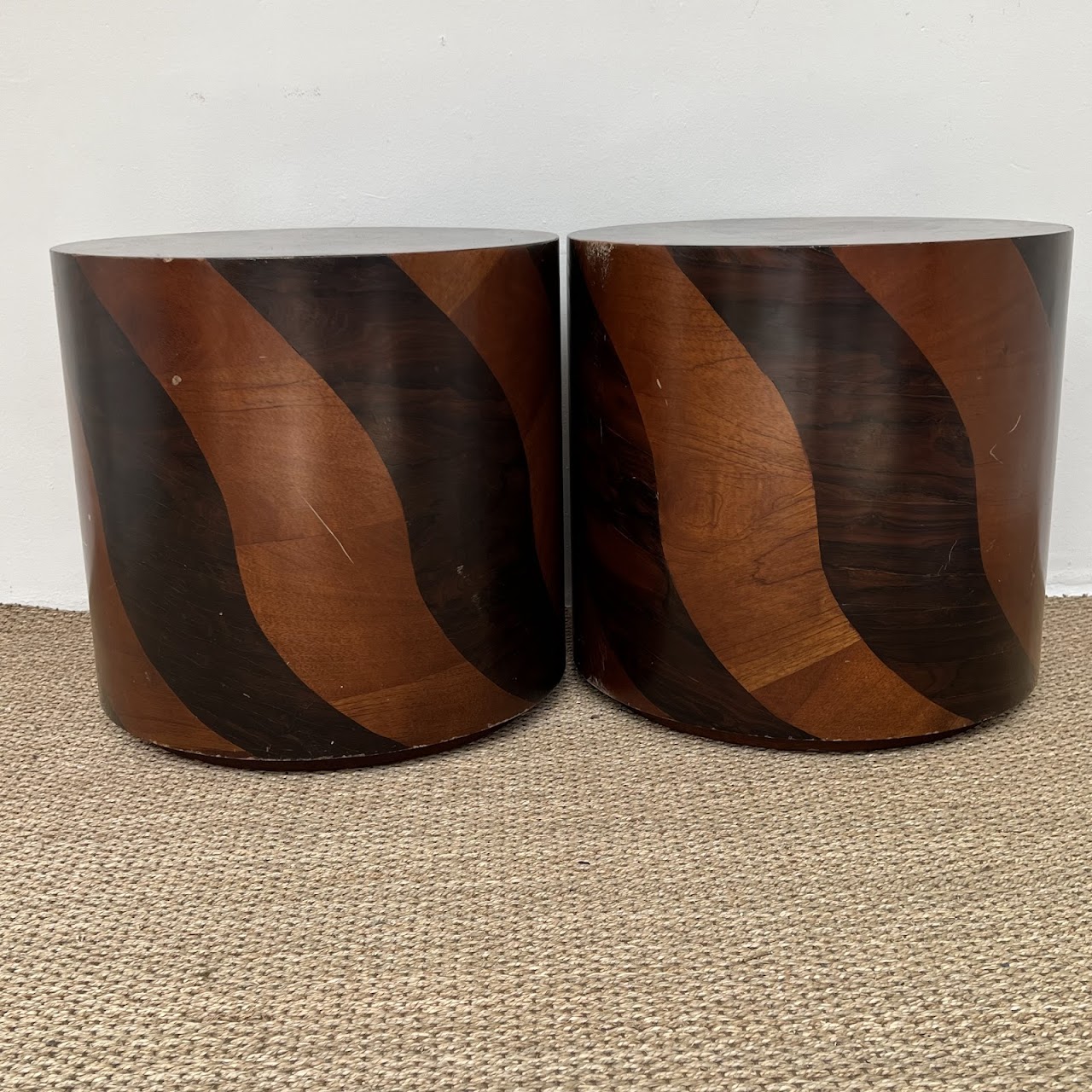 Rosewood and Teak Pinwheel Mid-Century Modern Drum Side Table Pair