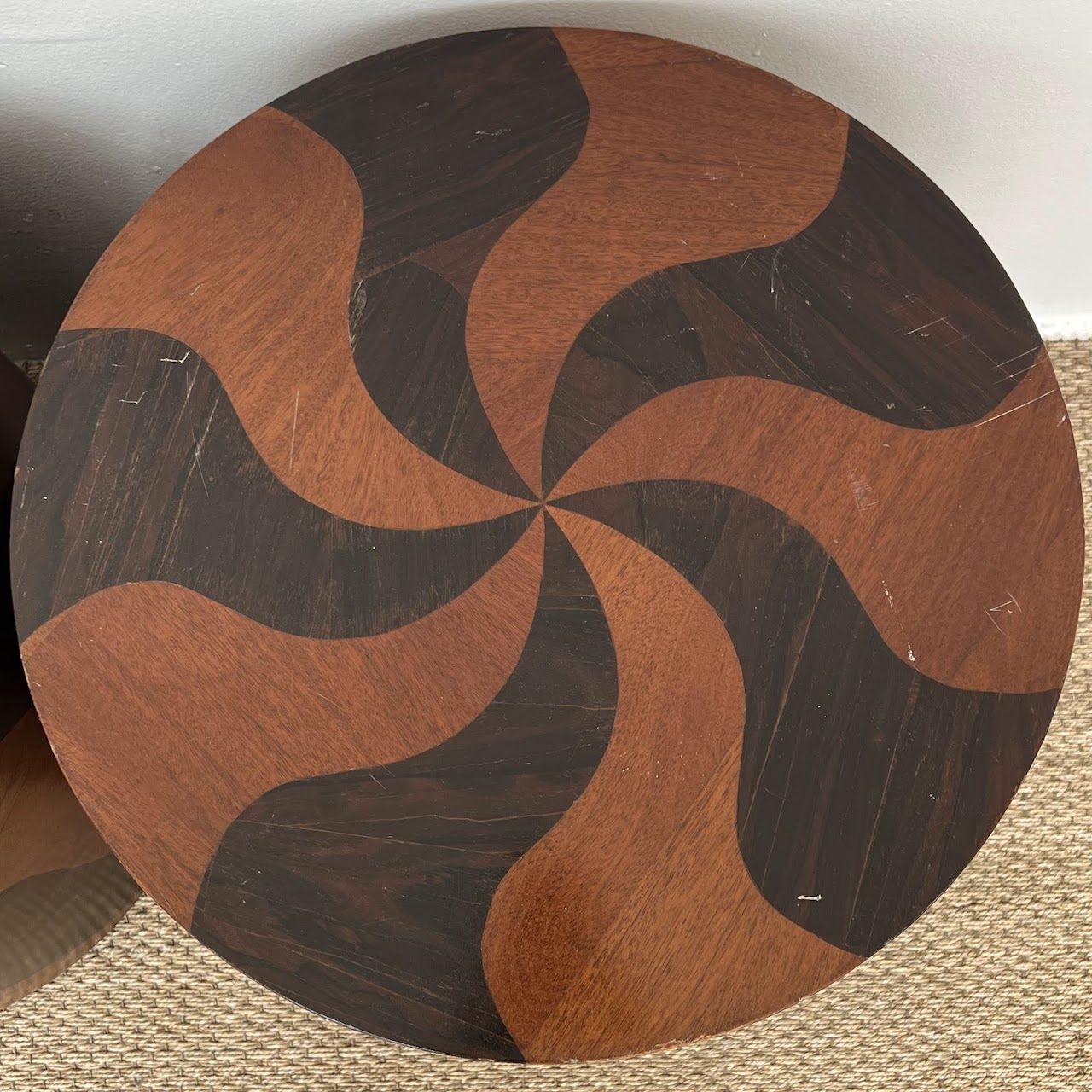 Rosewood and Teak Pinwheel Mid-Century Modern Drum Side Table Pair