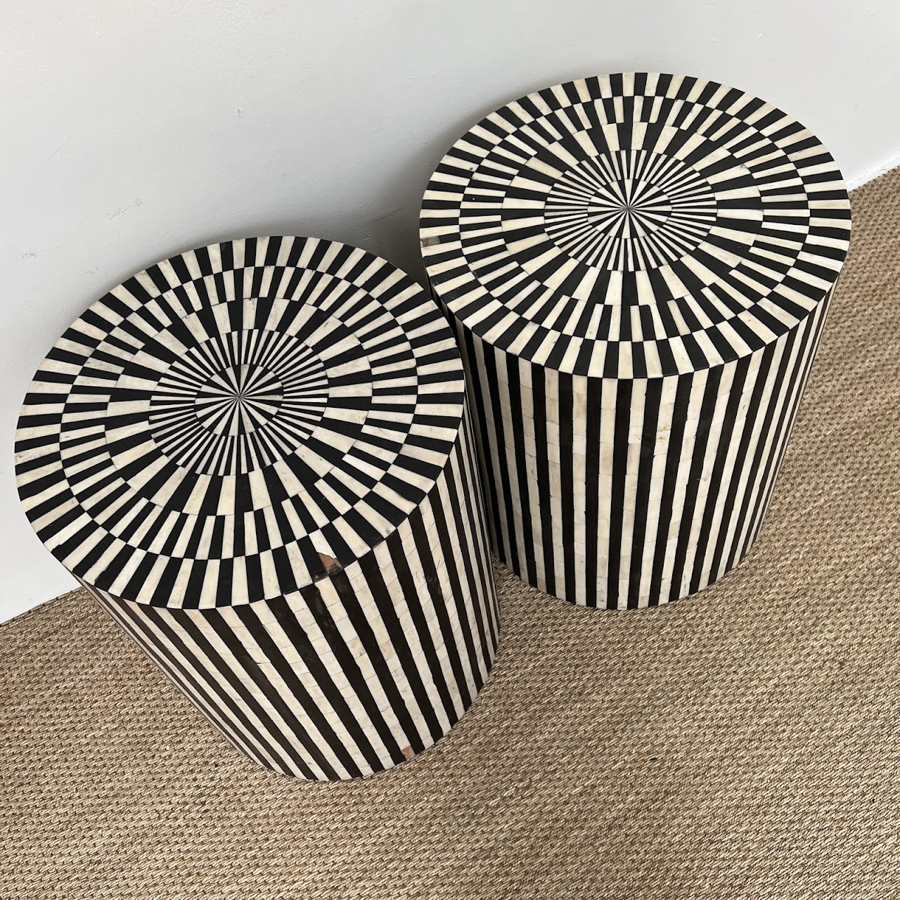 Bone and Ebony Inlaid Drum Side Table Pair