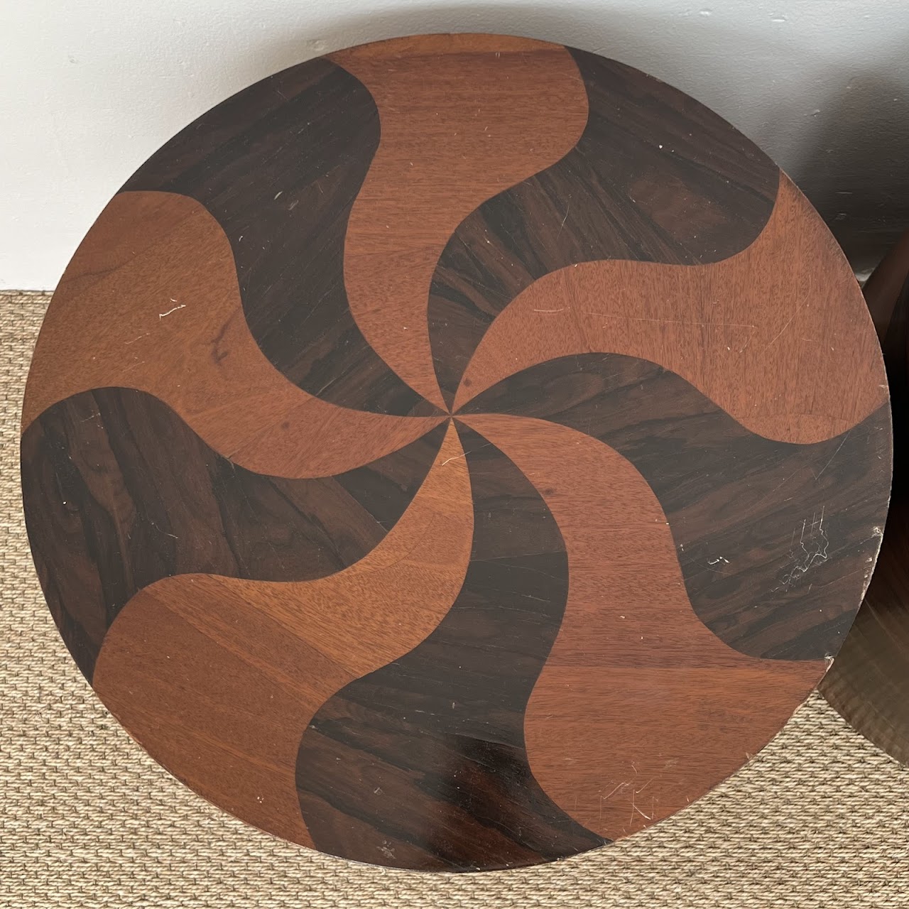 Rosewood and Teak Pinwheel Mid-Century Modern Drum Side Table Pair