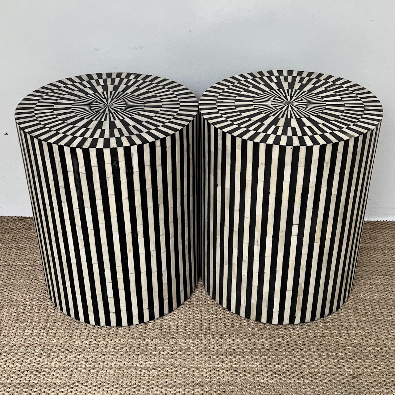 Bone and Ebony Inlaid Drum Side Table Pair