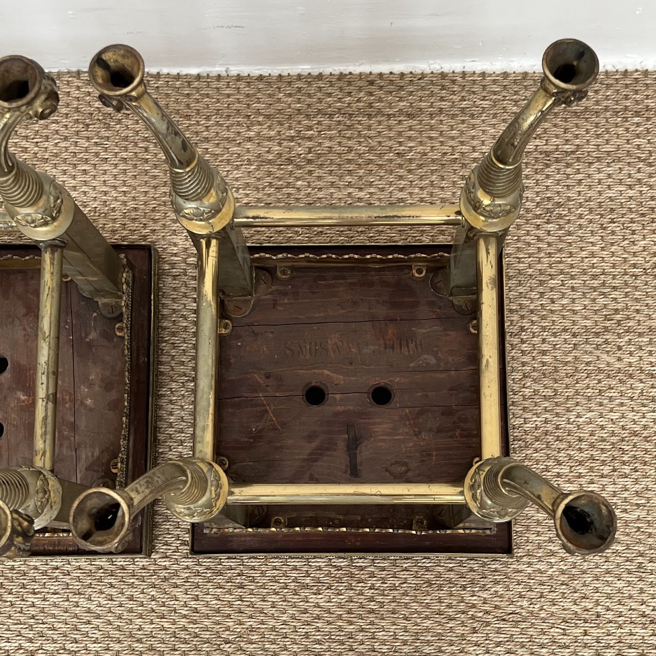 19th C. Waterman & Sons Brass and Black Glass End Table Pair