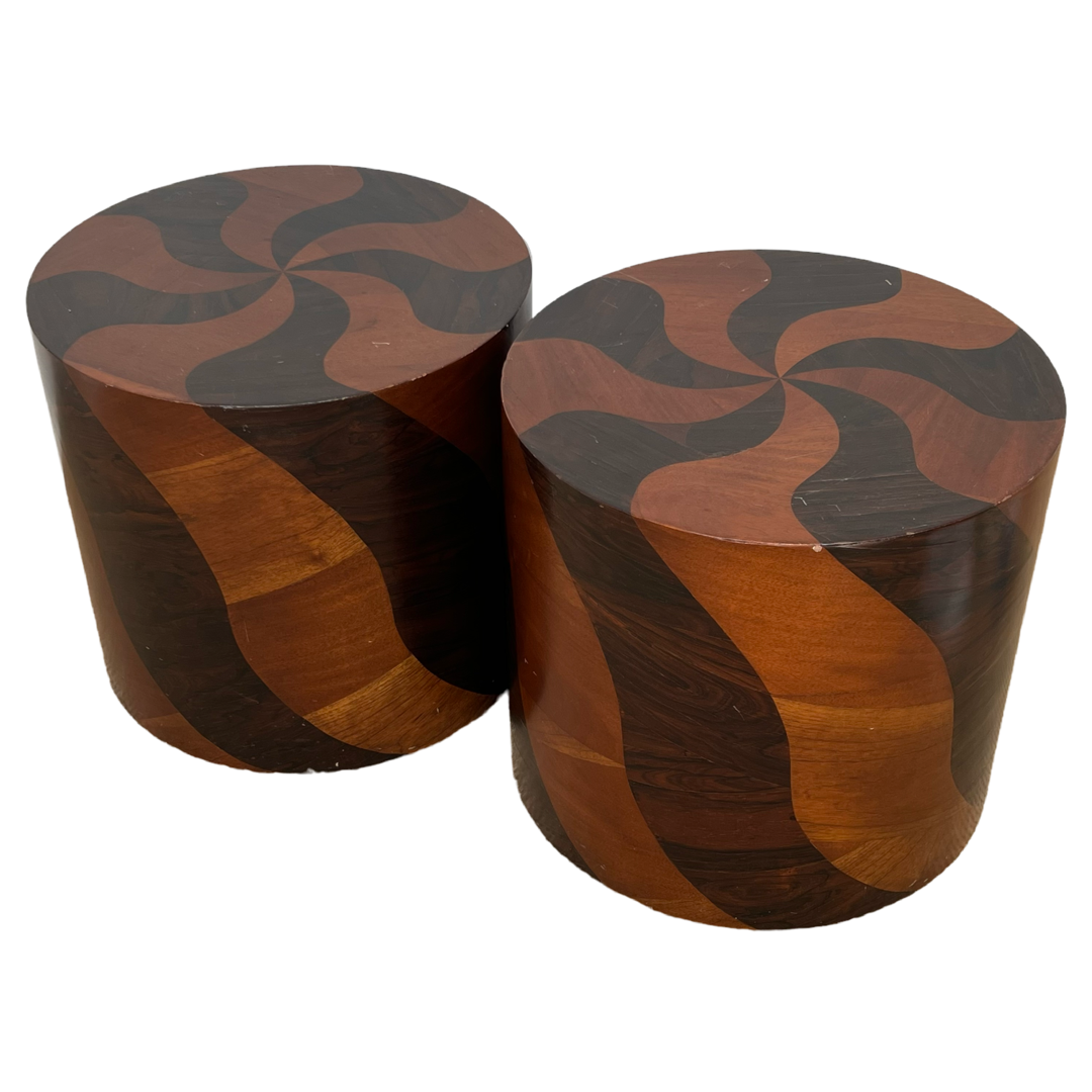 Rosewood and Teak Pinwheel Mid-Century Modern Drum Side Table Pair