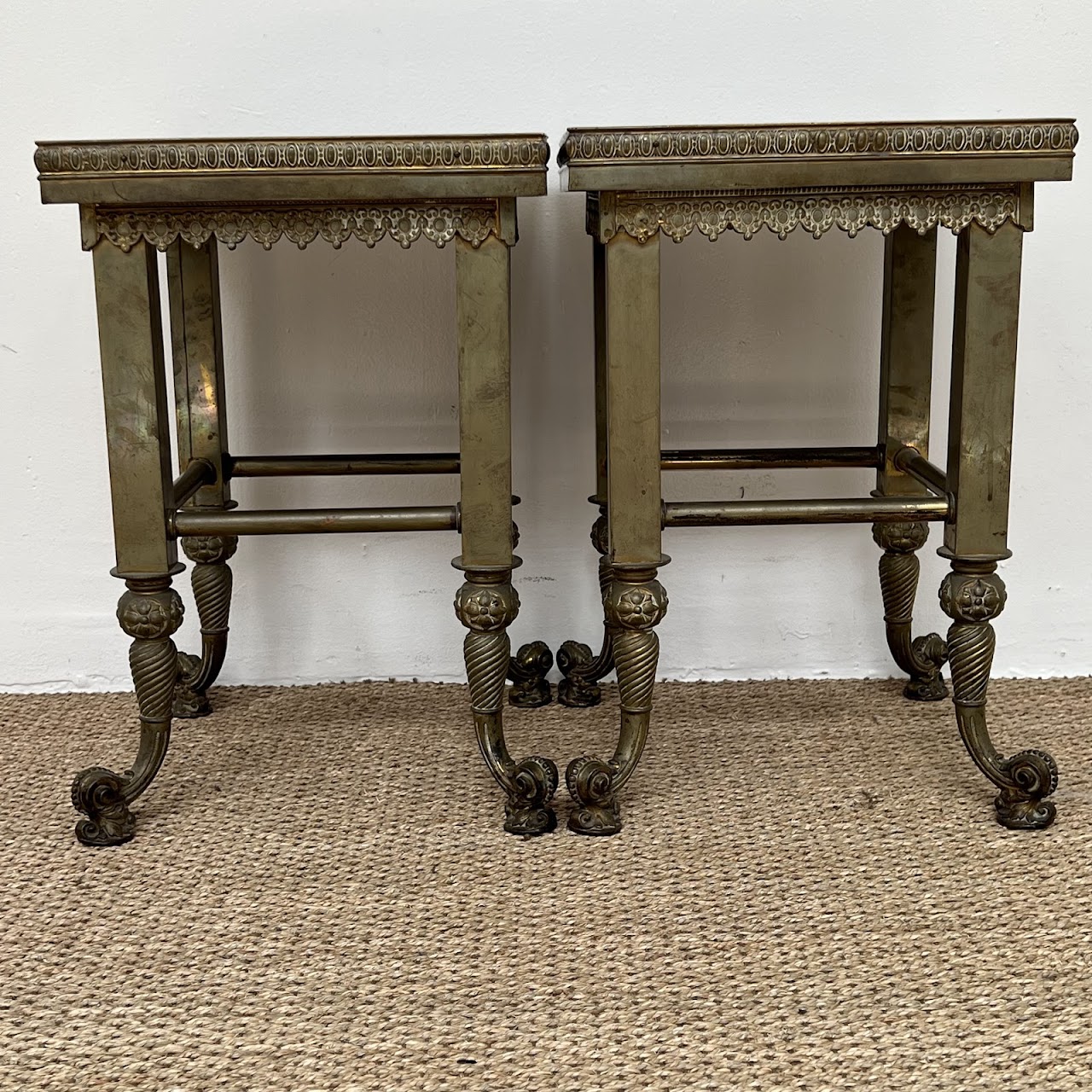 19th C. Waterman & Sons Brass and Black Glass End Table Pair