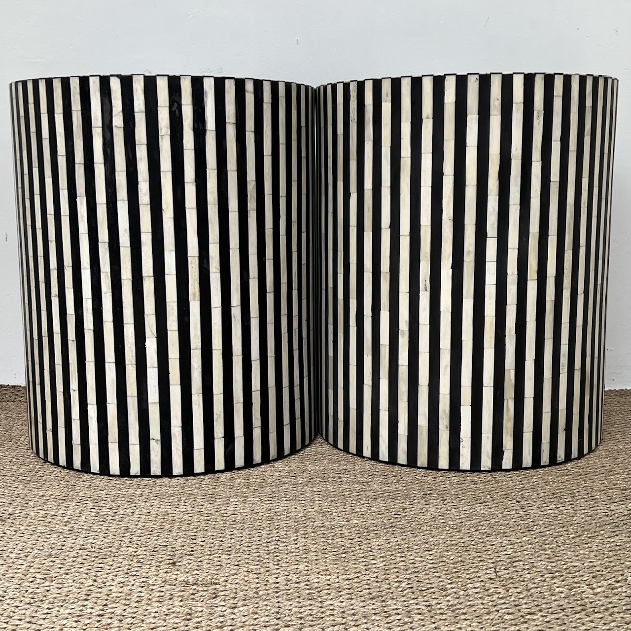 Bone and Ebony Inlaid Drum Side Table Pair