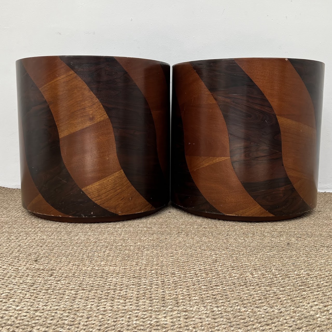 Rosewood and Teak Pinwheel Mid-Century Modern Drum Side Table Pair