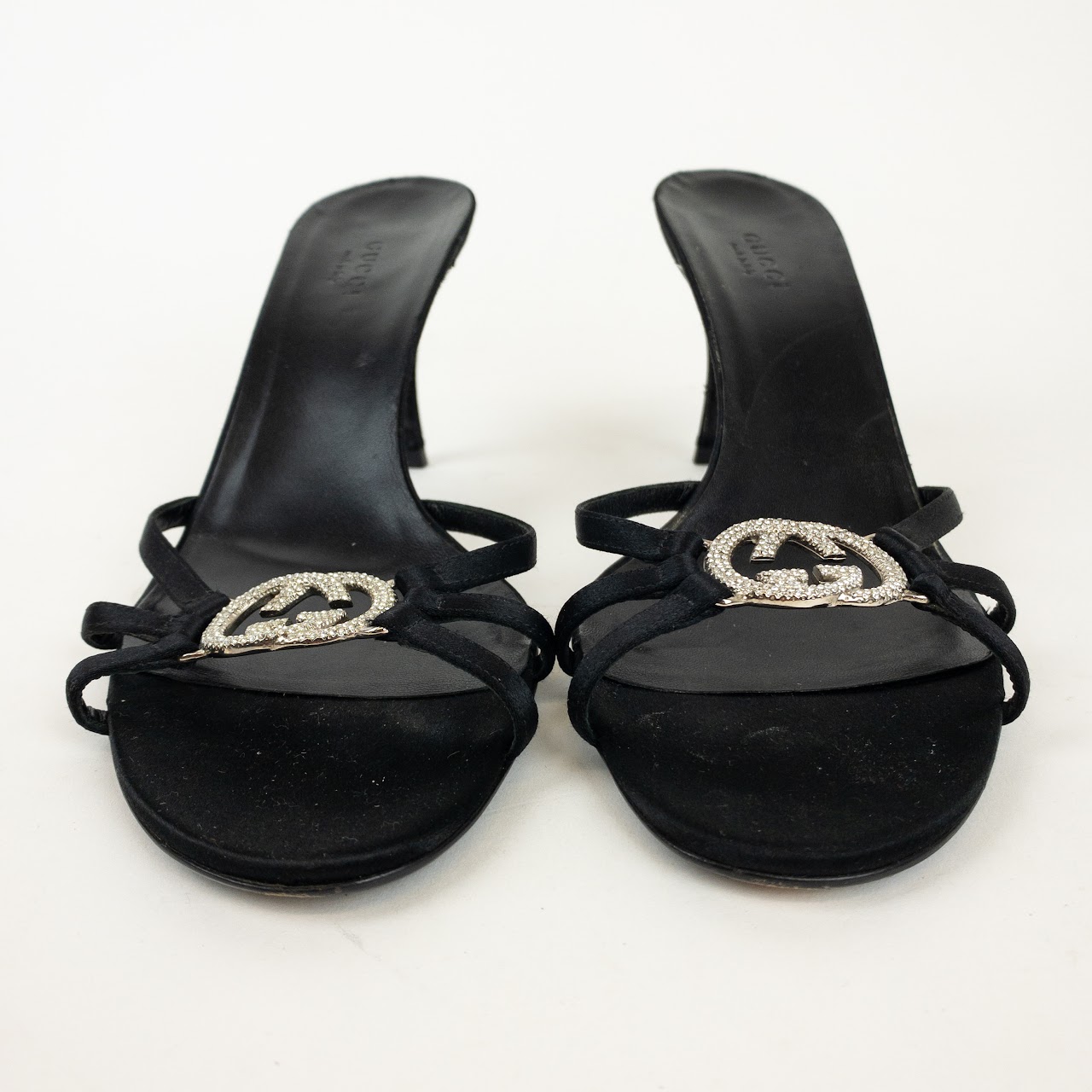 Gucci GG Monogram Silk Satin Crystal Slides