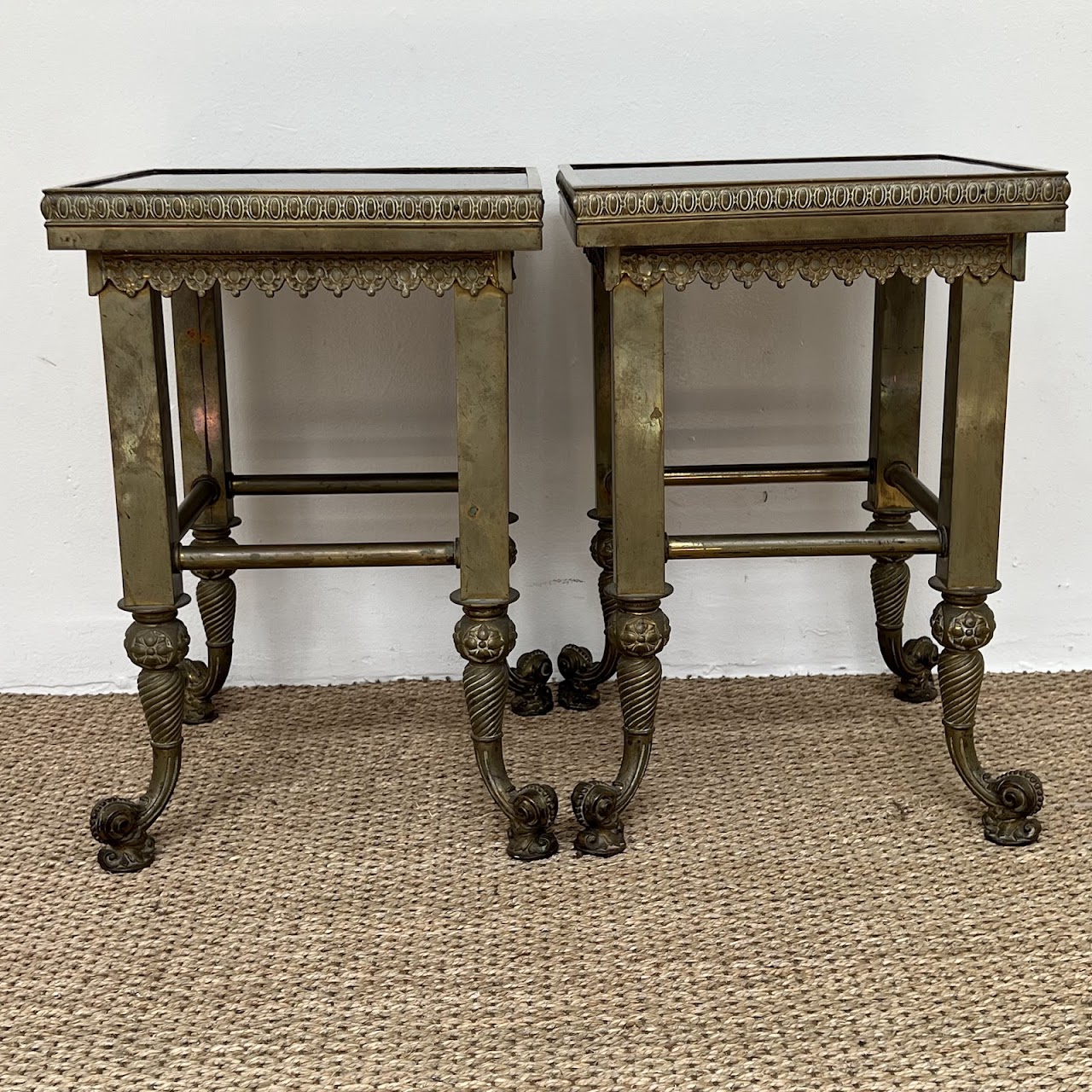 19th C. Waterman & Sons Brass and Black Glass End Table Pair