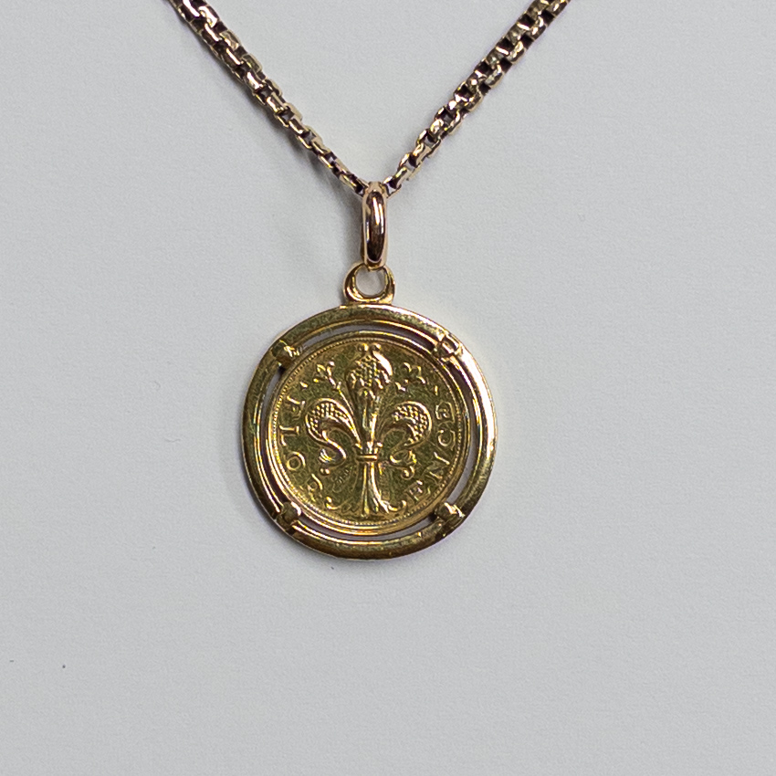 18K Gold Ponte Vecchio Coin Pendant on 14K Gold Chain