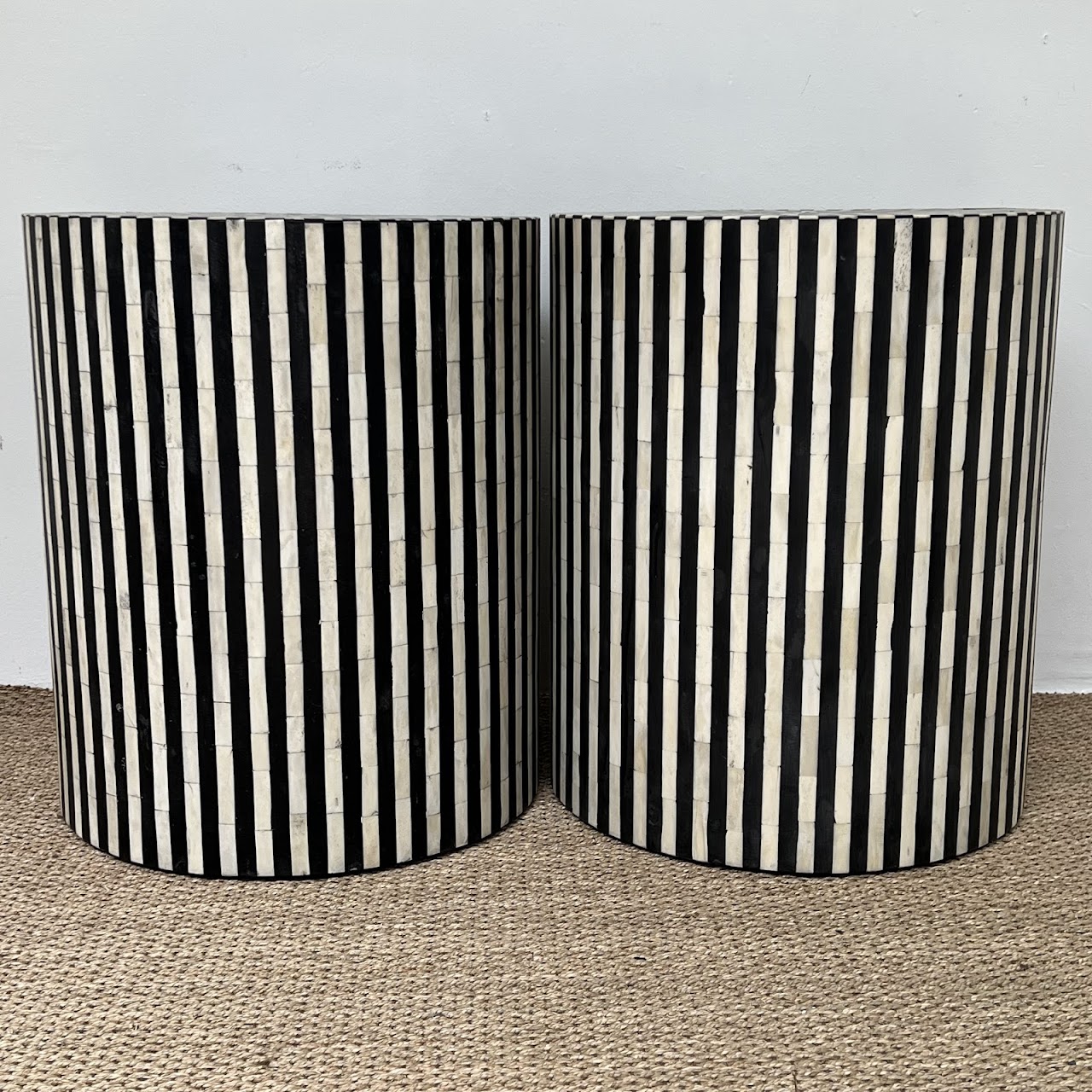 Bone and Ebony Inlaid Drum Side Table Pair