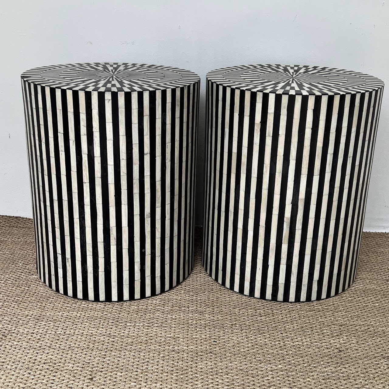 Bone and Ebony Inlaid Drum Side Table Pair