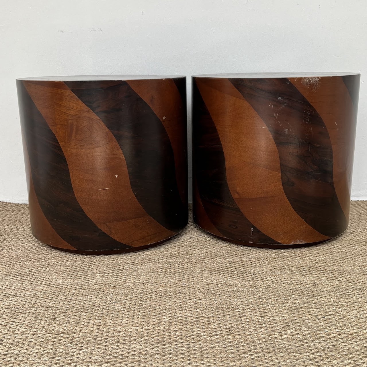 Rosewood and Teak Pinwheel Mid-Century Modern Drum Side Table Pair