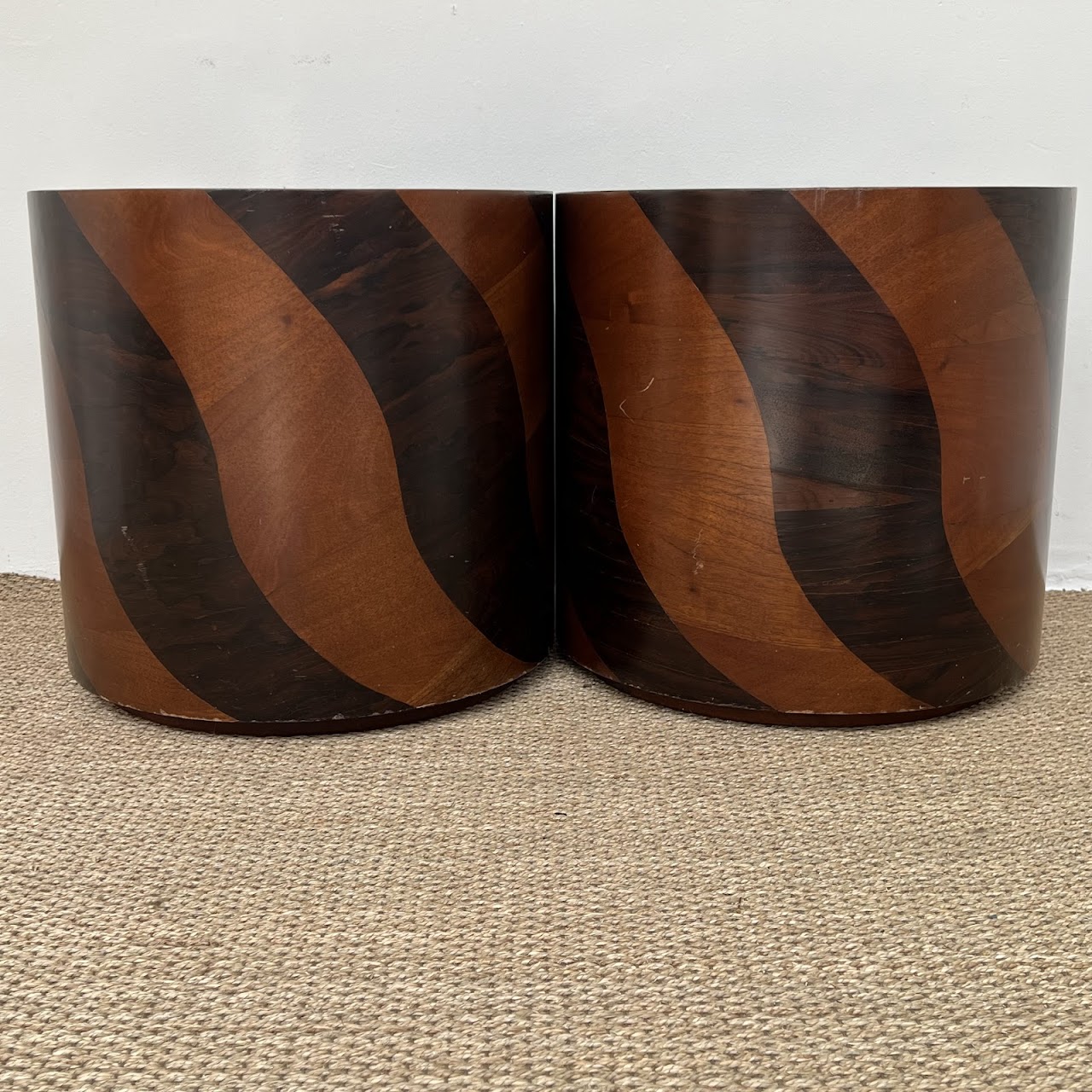 Rosewood and Teak Pinwheel Mid-Century Modern Drum Side Table Pair