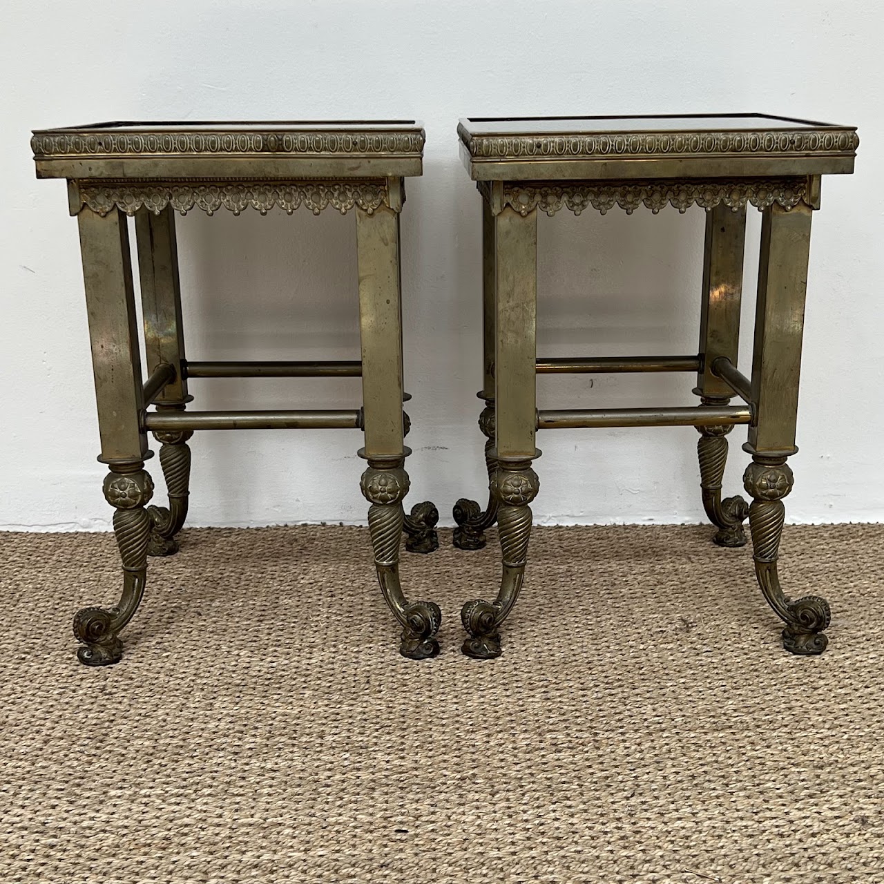 19th C. Waterman & Sons Brass and Black Glass End Table Pair