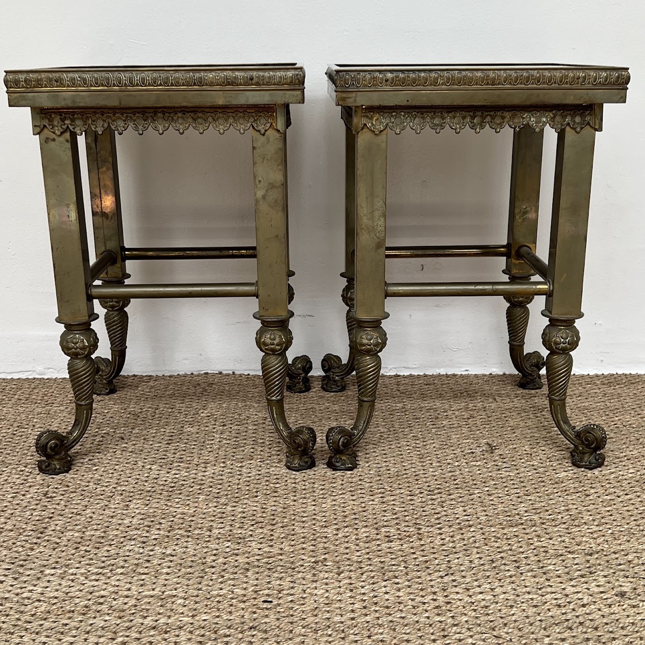 19th C. Waterman & Sons Brass and Black Glass End Table Pair