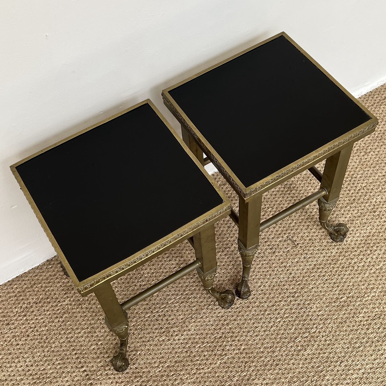 19th C. Waterman & Sons Brass and Black Glass End Table Pair