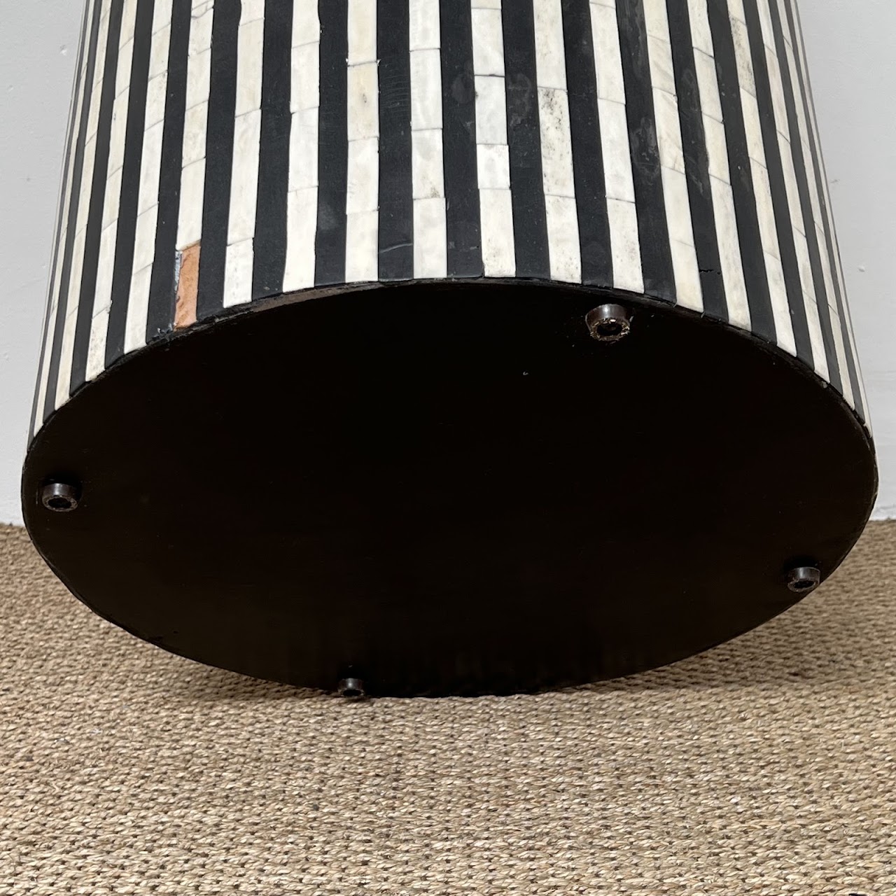 Bone and Ebony Inlaid Drum Side Table Pair