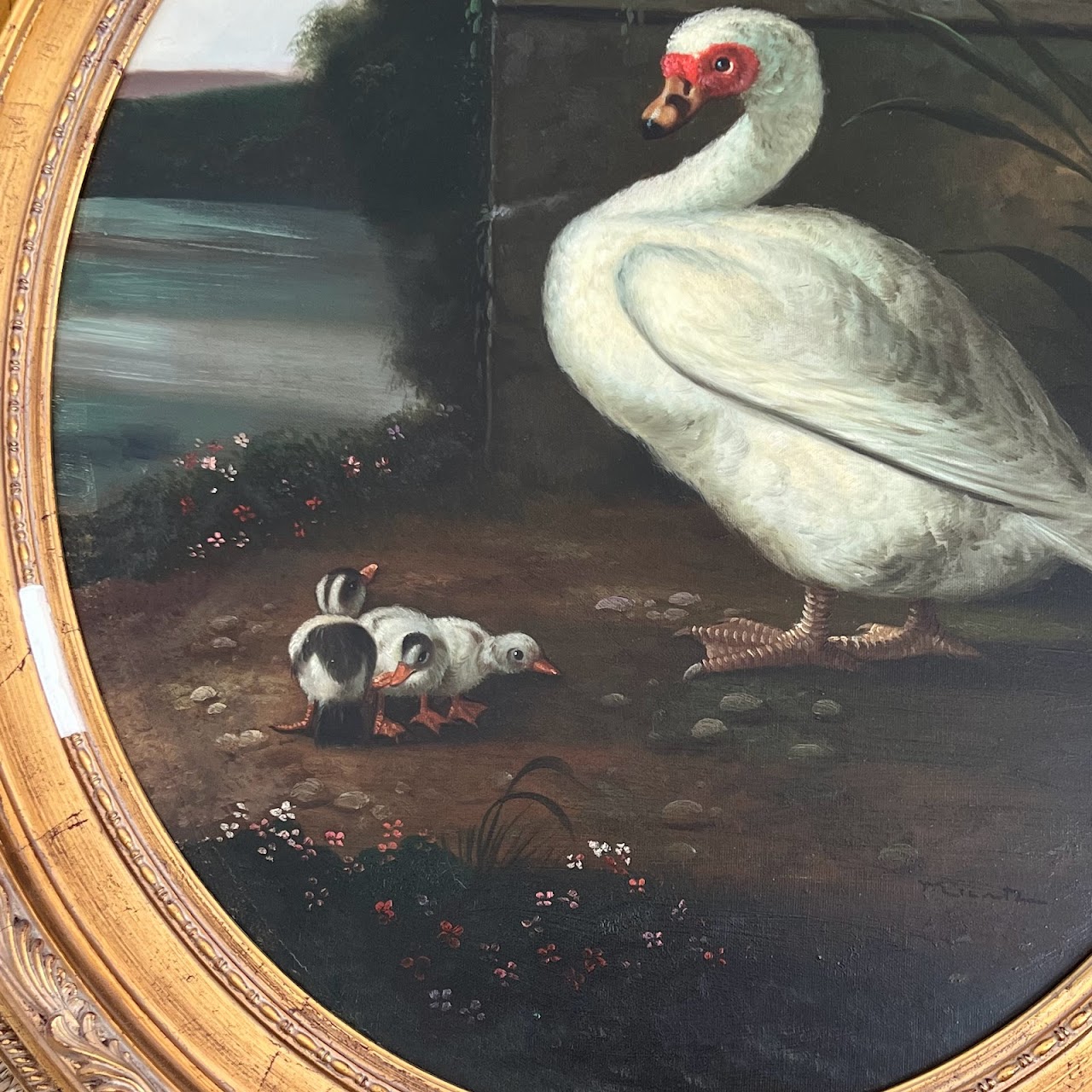 White Muscovy Duck and Ducklings Signed Oil Painting