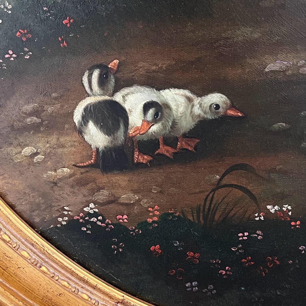 White Muscovy Duck and Ducklings Signed Oil Painting