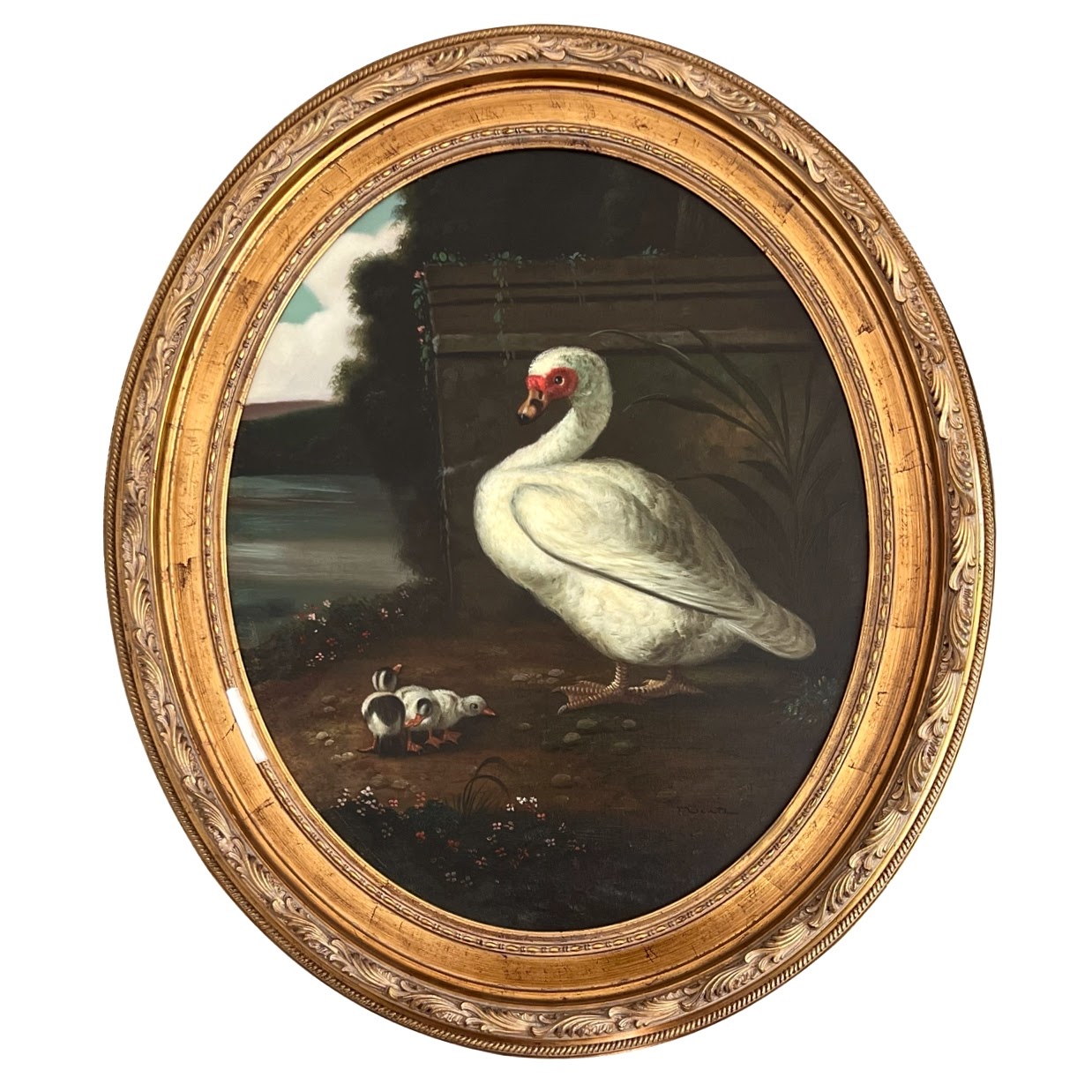 White Muscovy Duck and Ducklings Signed Oil Painting