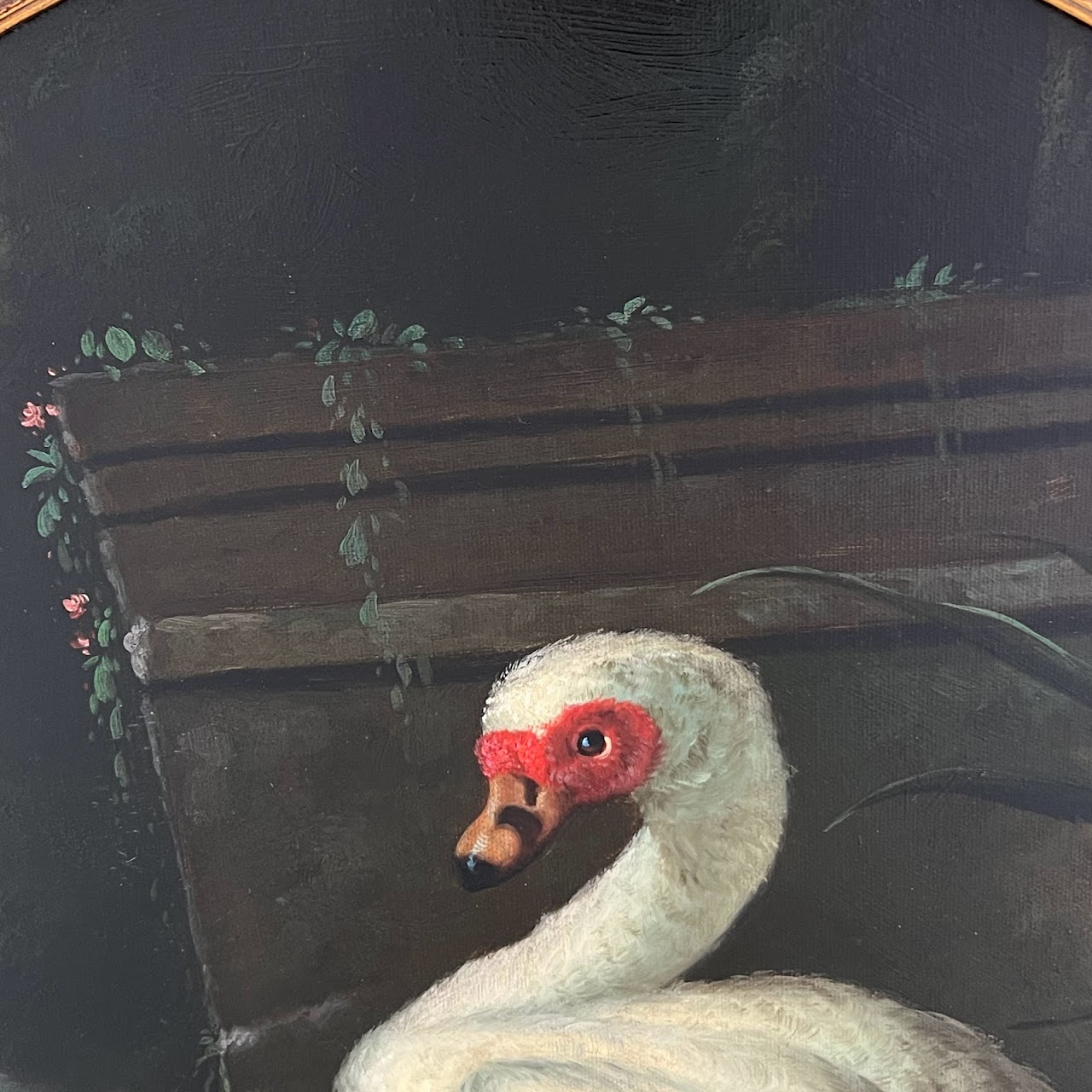 White Muscovy Duck and Ducklings Signed Oil Painting