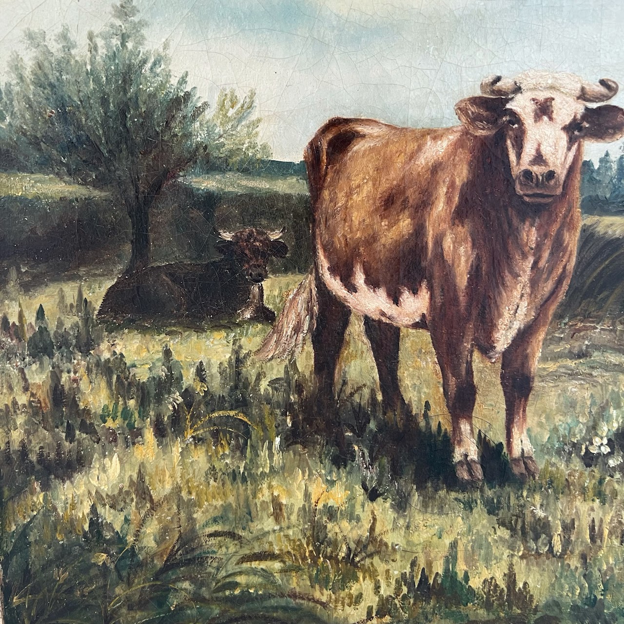 Cows at Pasture Antique Oil Landscape Painting