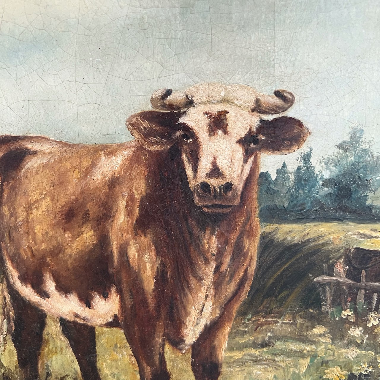 Cows at Pasture Antique Oil Landscape Painting