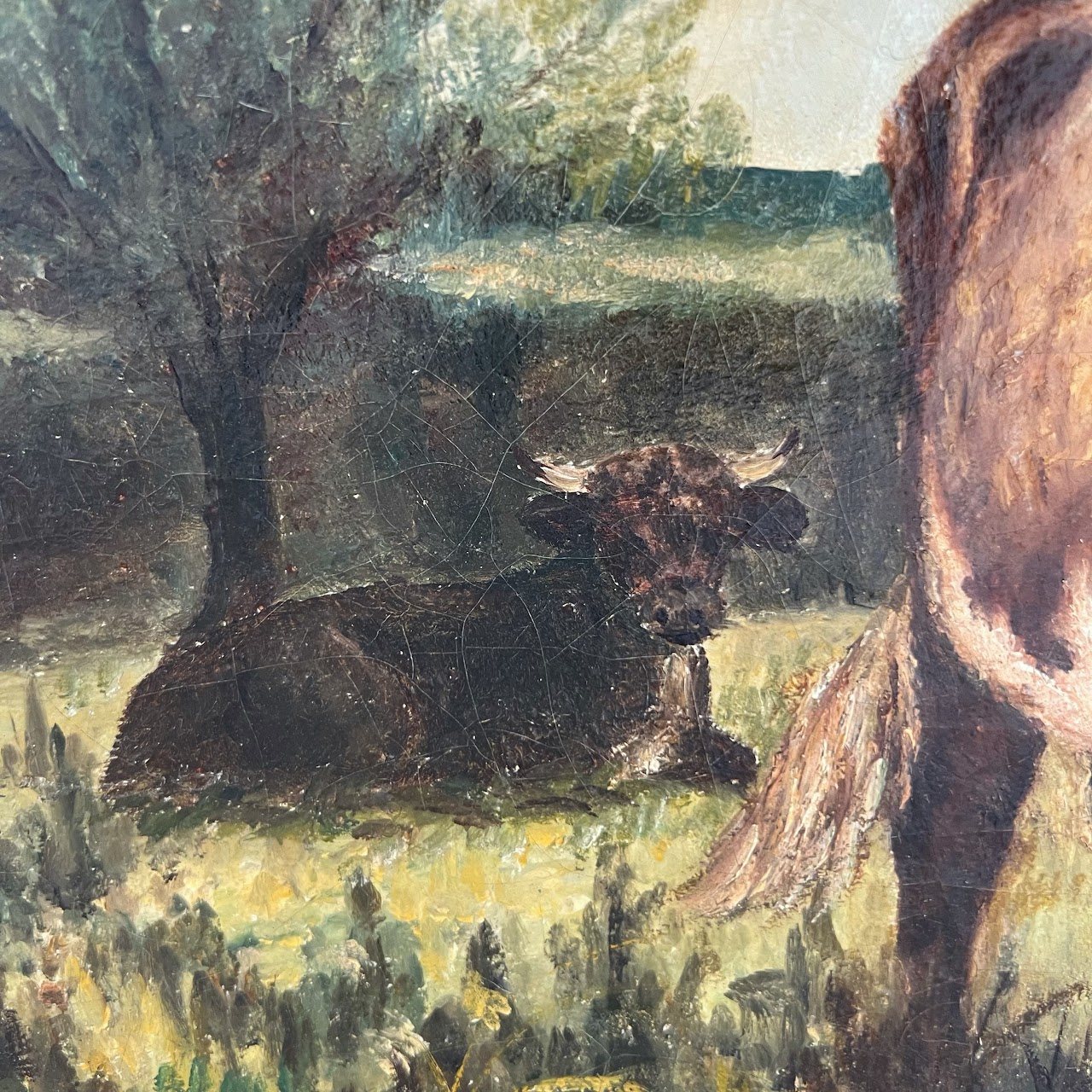 Cows at Pasture Antique Oil Landscape Painting