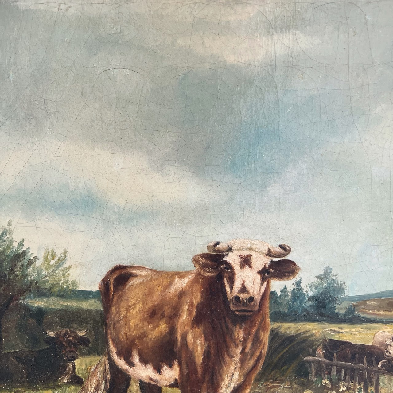 Cows at Pasture Antique Oil Landscape Painting