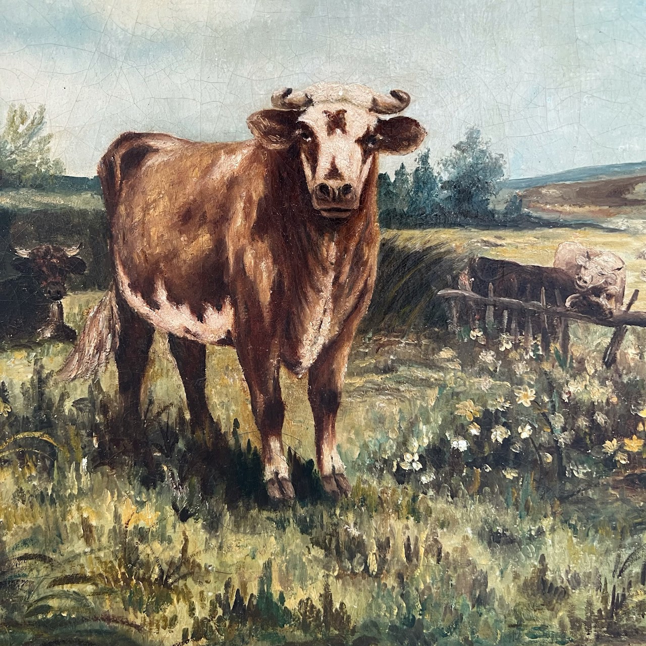 Cows at Pasture Antique Oil Landscape Painting