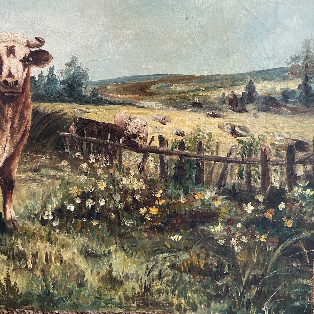 Cows at Pasture Antique Oil Landscape Painting