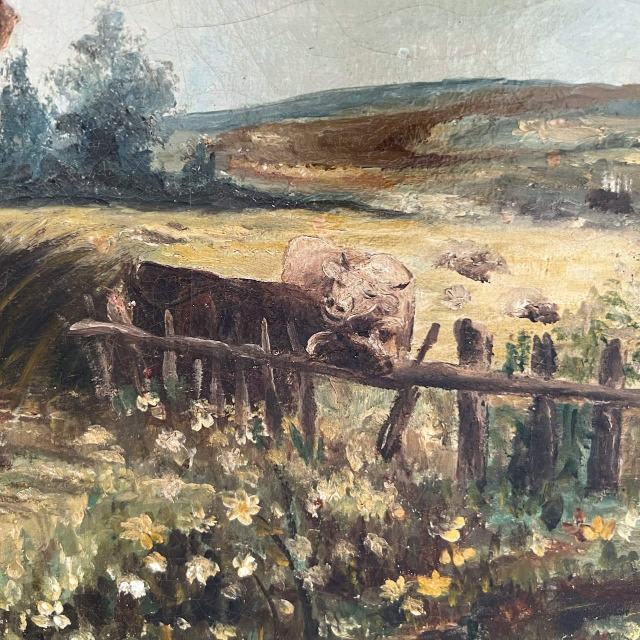 Cows at Pasture Antique Oil Landscape Painting