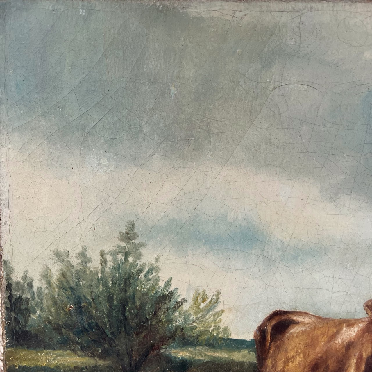 Cows at Pasture Antique Oil Landscape Painting