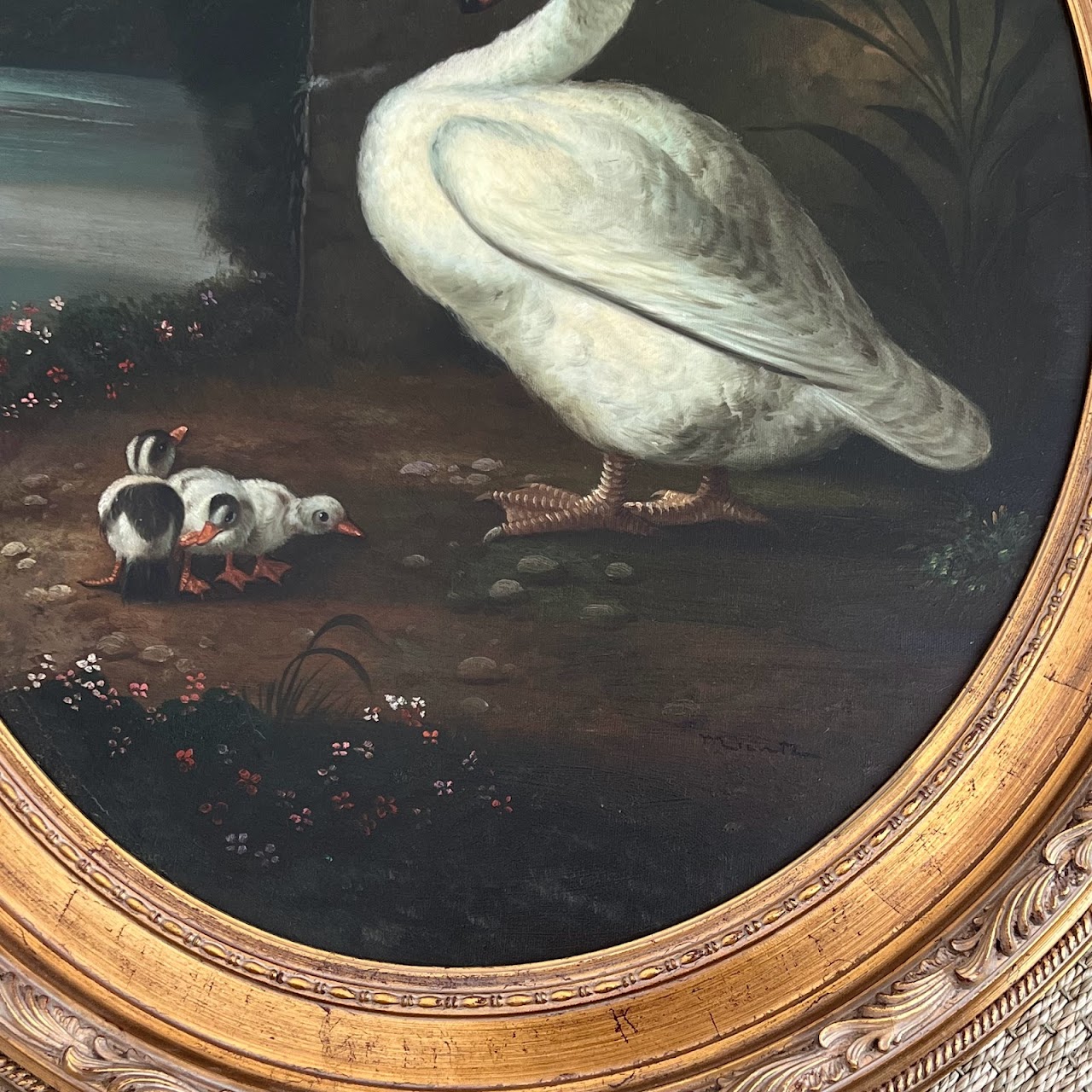 White Muscovy Duck and Ducklings Signed Oil Painting