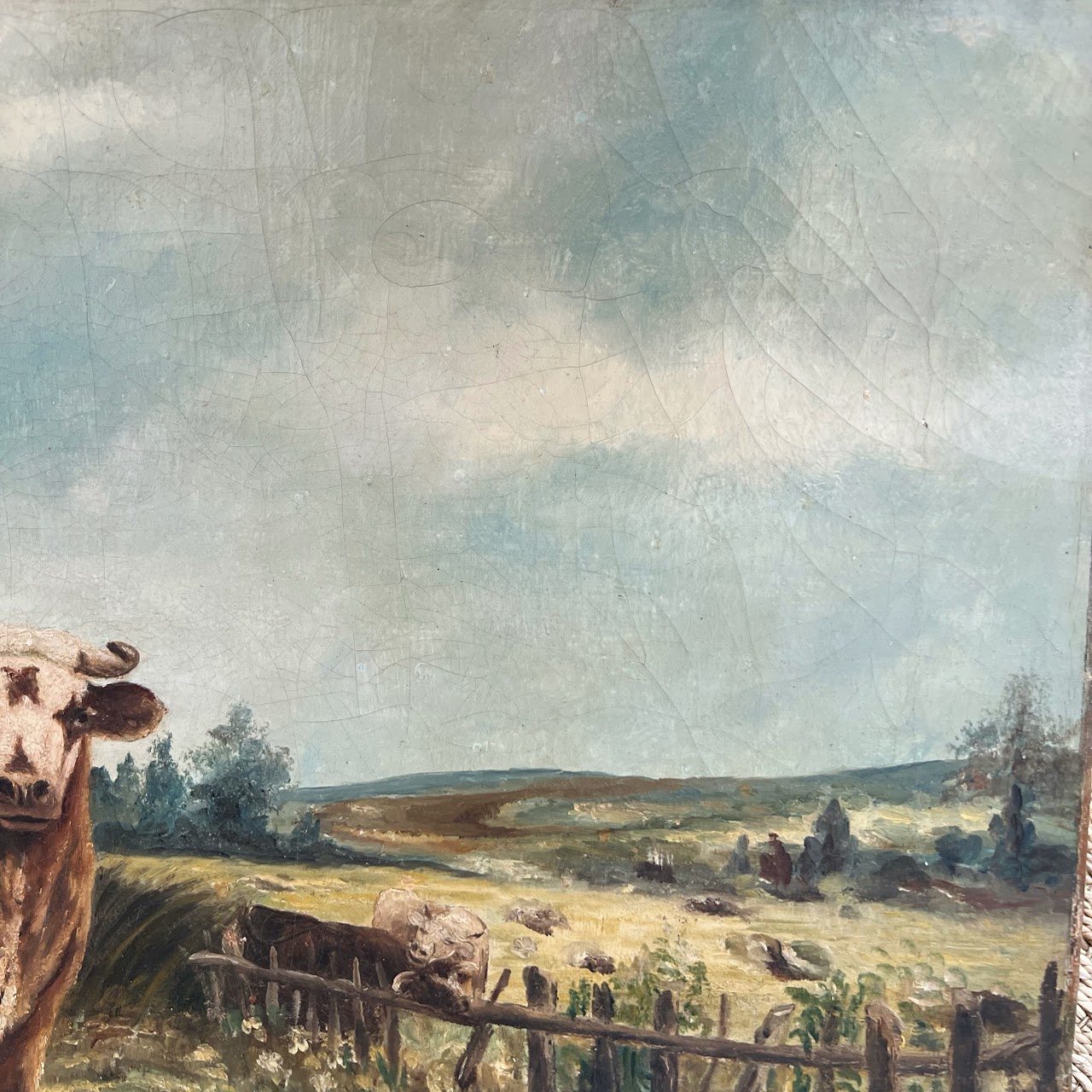 Cows at Pasture Antique Oil Landscape Painting