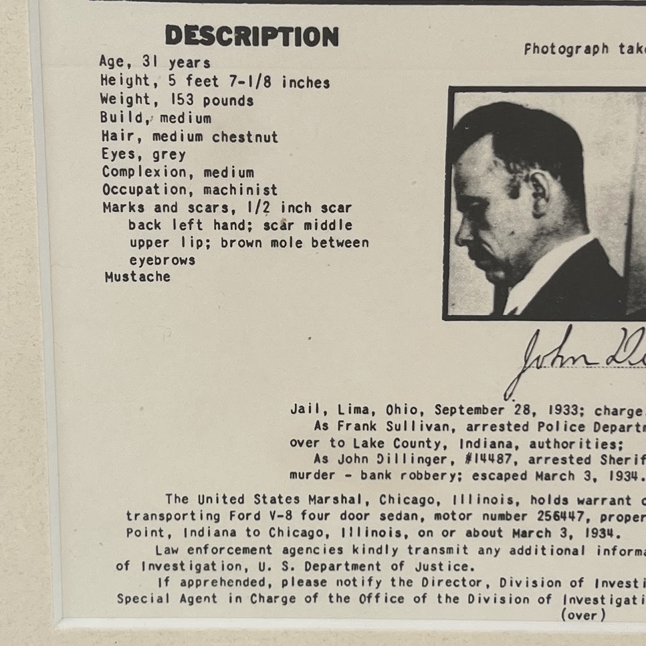 John Dillinger Original 1934 FBI Wanted Poster