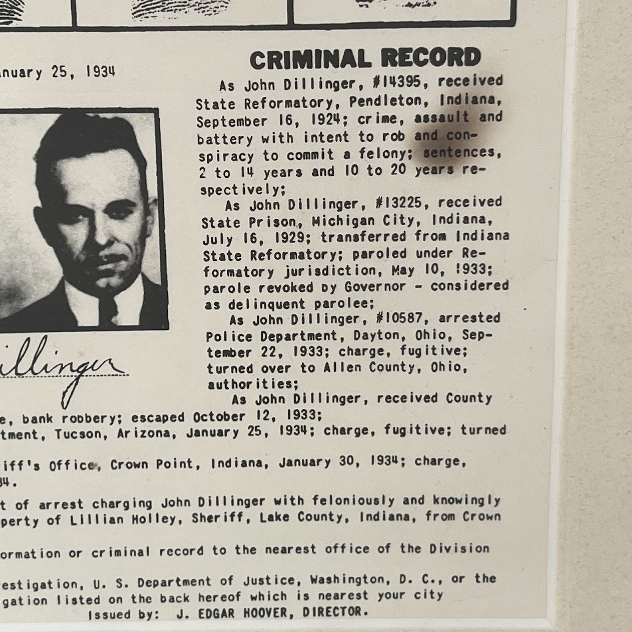 John Dillinger Original 1934 FBI Wanted Poster